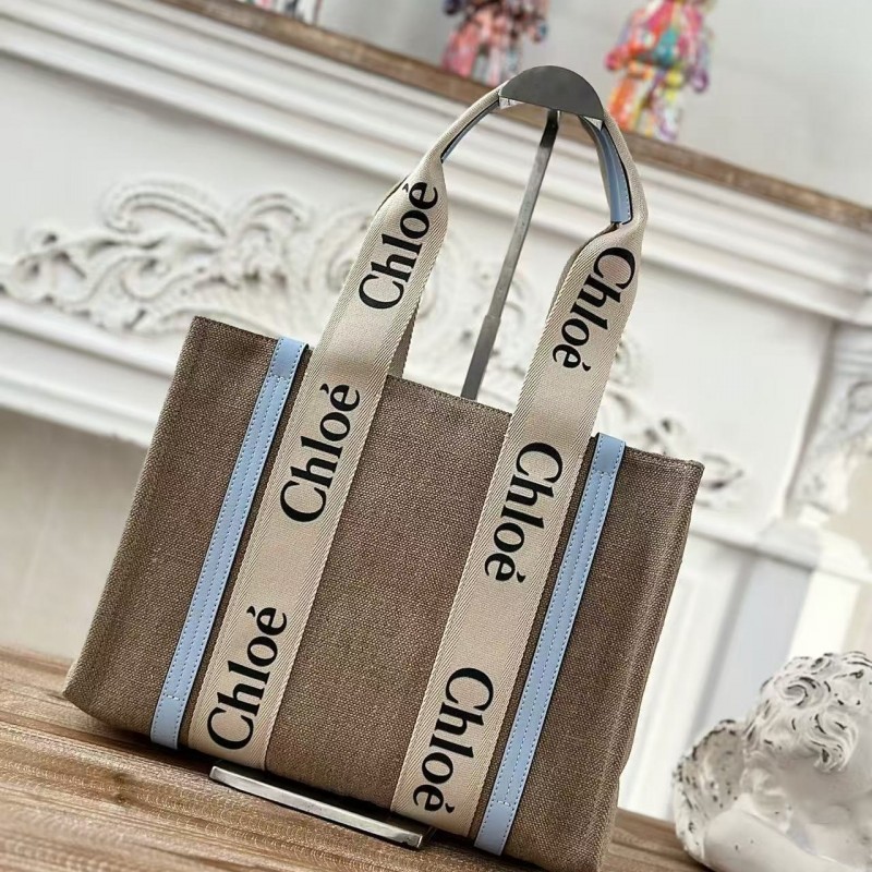 Chloe Woody linen pure cotton canvas and glossy small dough, blue casual bag Medium size: 37*26*12cm
