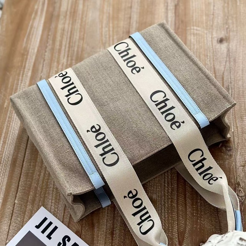 Chloe Woody linen pure cotton canvas and glossy small dough, blue casual bag Medium size: 37*26*12cm