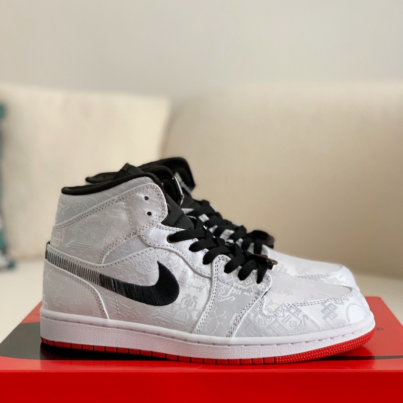 Clot x Air Jordan AJ1 Mid "Fearless" White Silk Sneakers