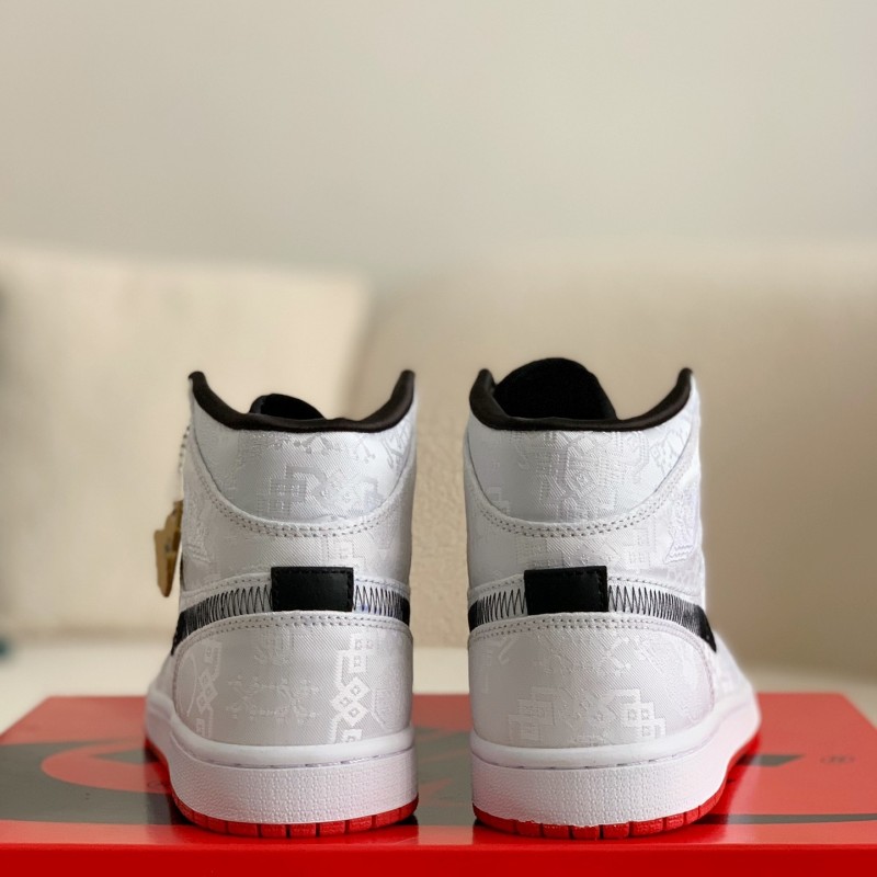 Clot x Air Jordan AJ1 Mid "Fearless" White Silk Sneakers