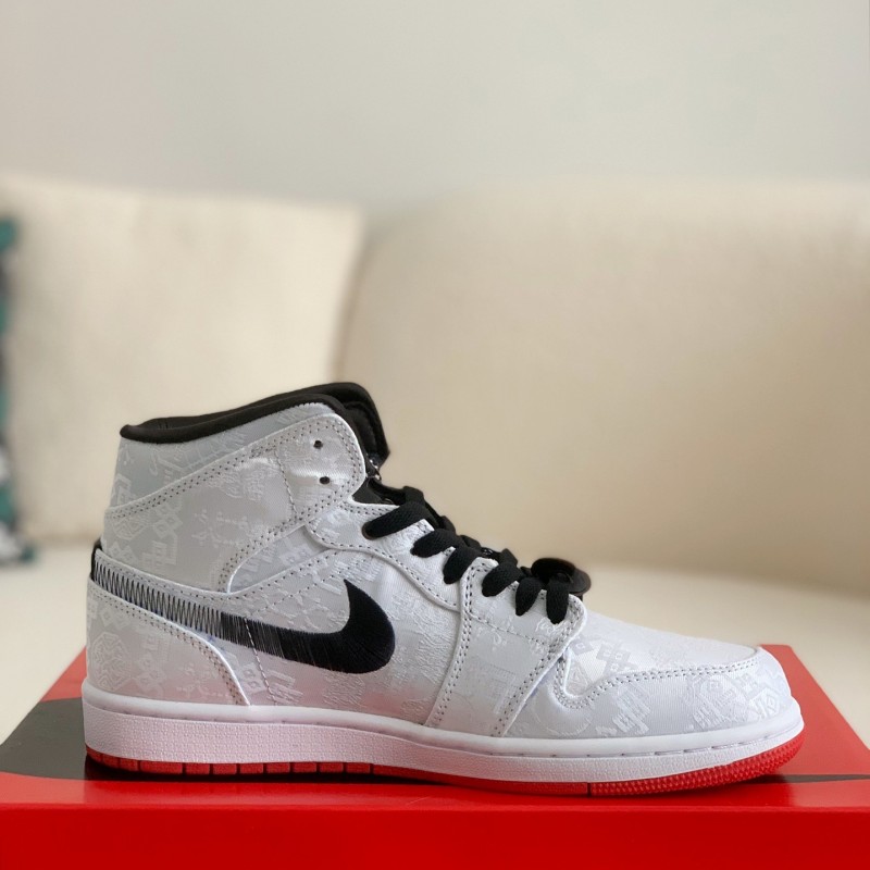 Clot x Air Jordan AJ1 Mid "Fearless" White Silk Sneakers