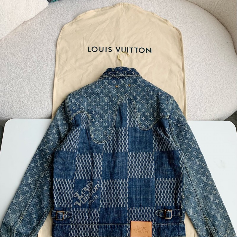L0*is V*t0n Classic Logo printed all over patchwork denim jacket