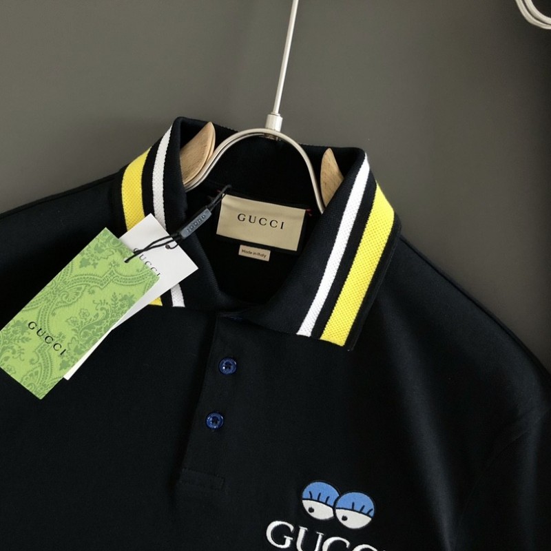 G*u*i Floral neckline embroidered polo shirt with cartoon lettering
