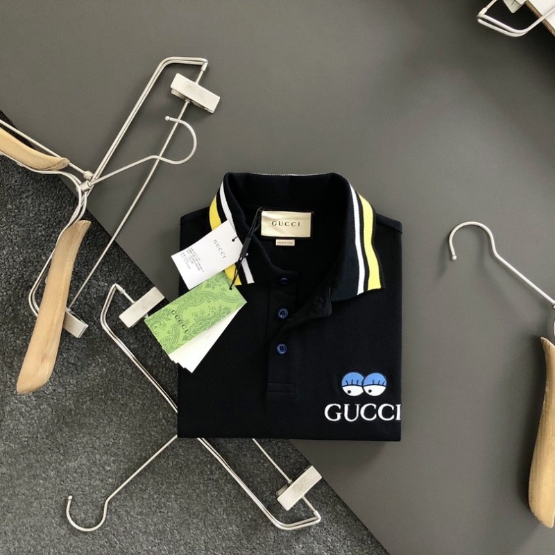 G*u*i Floral neckline embroidered polo shirt with cartoon lettering